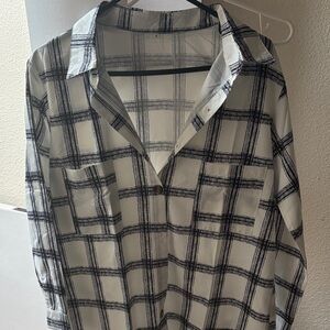 White and Black Plaid Button-Up Blouse
